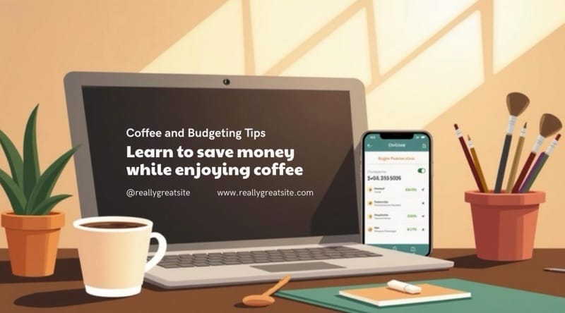 “Coffee cup beside AI budget tool app warning about overspending on coffee”
