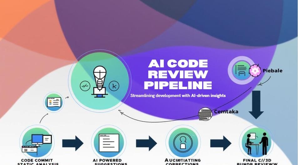 Flowchart showing the AI code review pipeline integrated into software development lifecycle with CI/CD and human approval