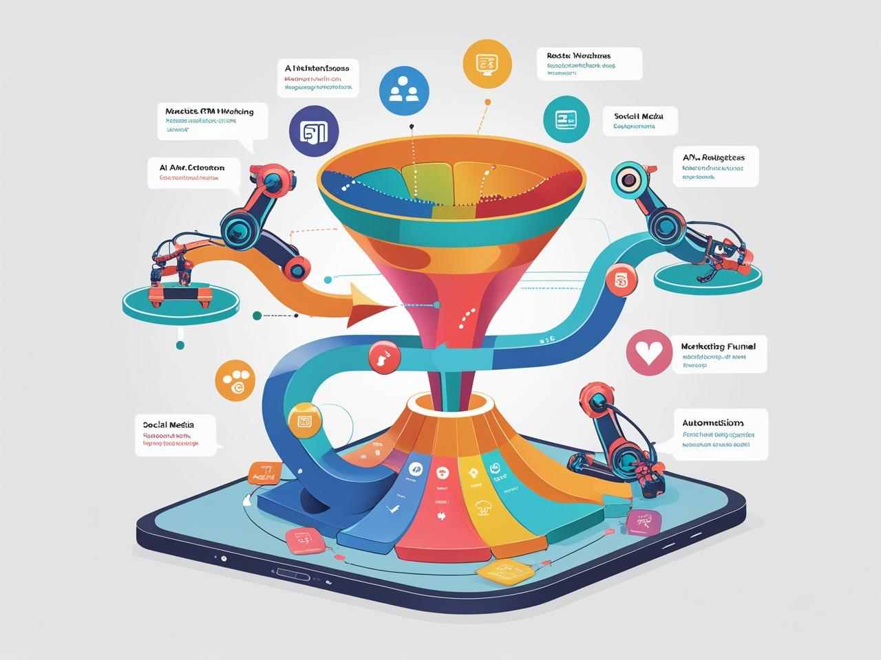 Illustration of AI-driven marketing funnel showing data sources and automation in AI market research tools