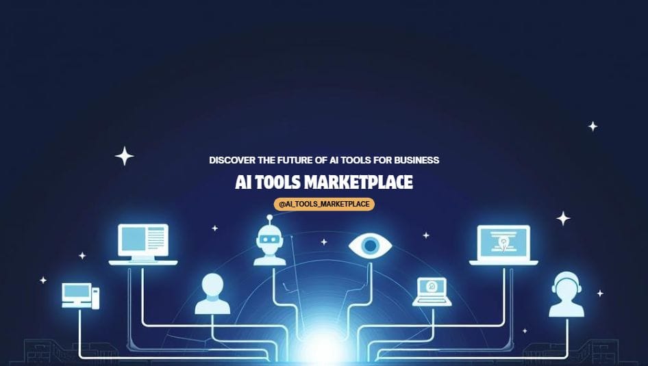 Diagram showing AI tools marketplace connecting AI developers and users with various AI software categories