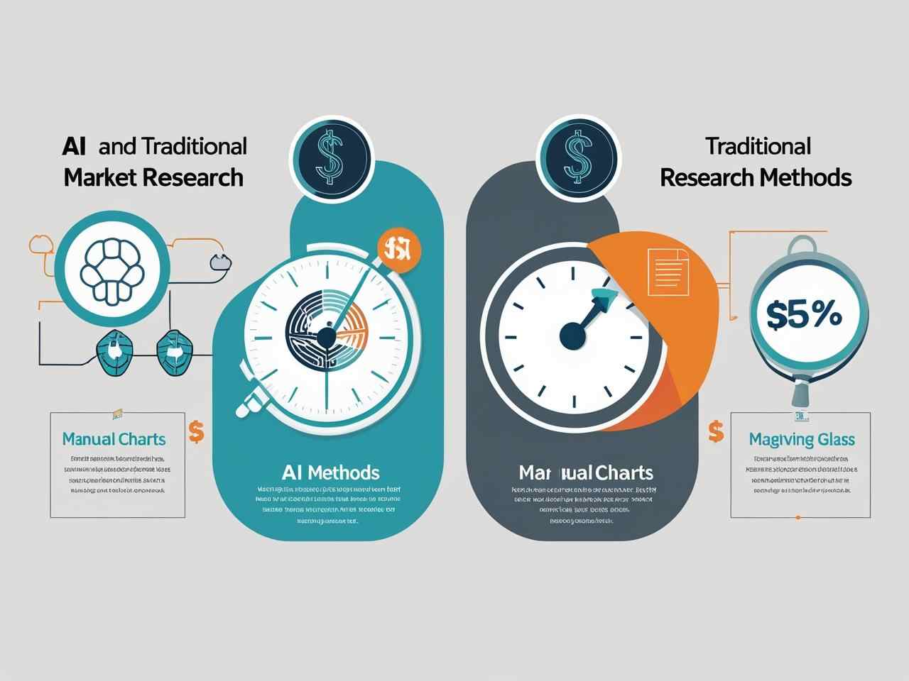 Infographic comparing AI market research tools with traditional methods highlighting speed, cost, and accuracy