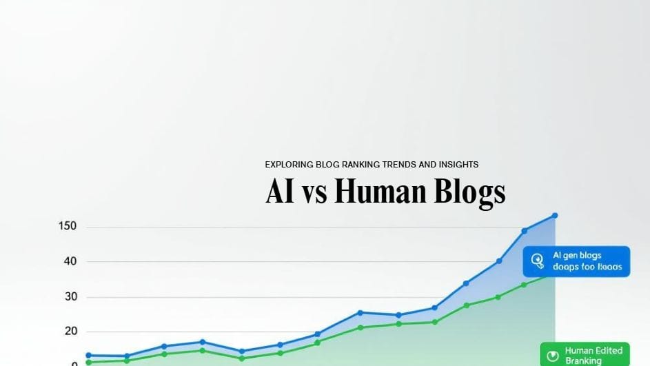 "Graph comparing Google search rankings of AI-generated blogs versus human-edited blogs in 2025"