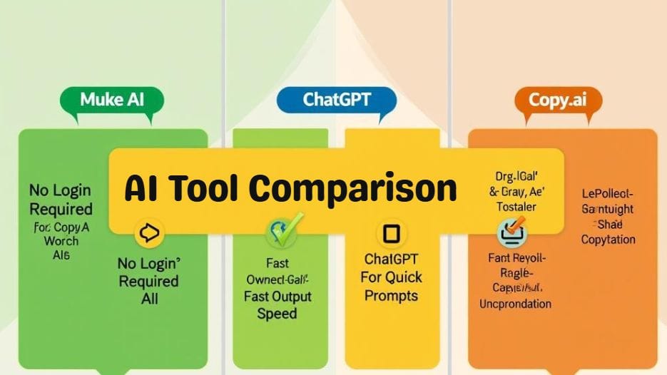 Infographic comparing Muke AI features with ChatGPT and Copy.ai highlighting login requirements, speed, and ideal use cases