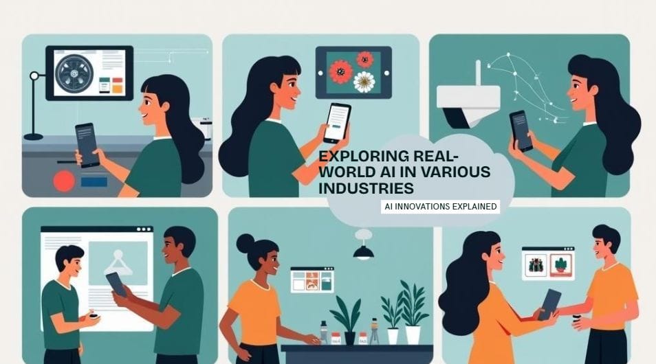 Illustration of real-world AI image analysis applications in healthcare, e-commerce, security, manufacturing, and social media