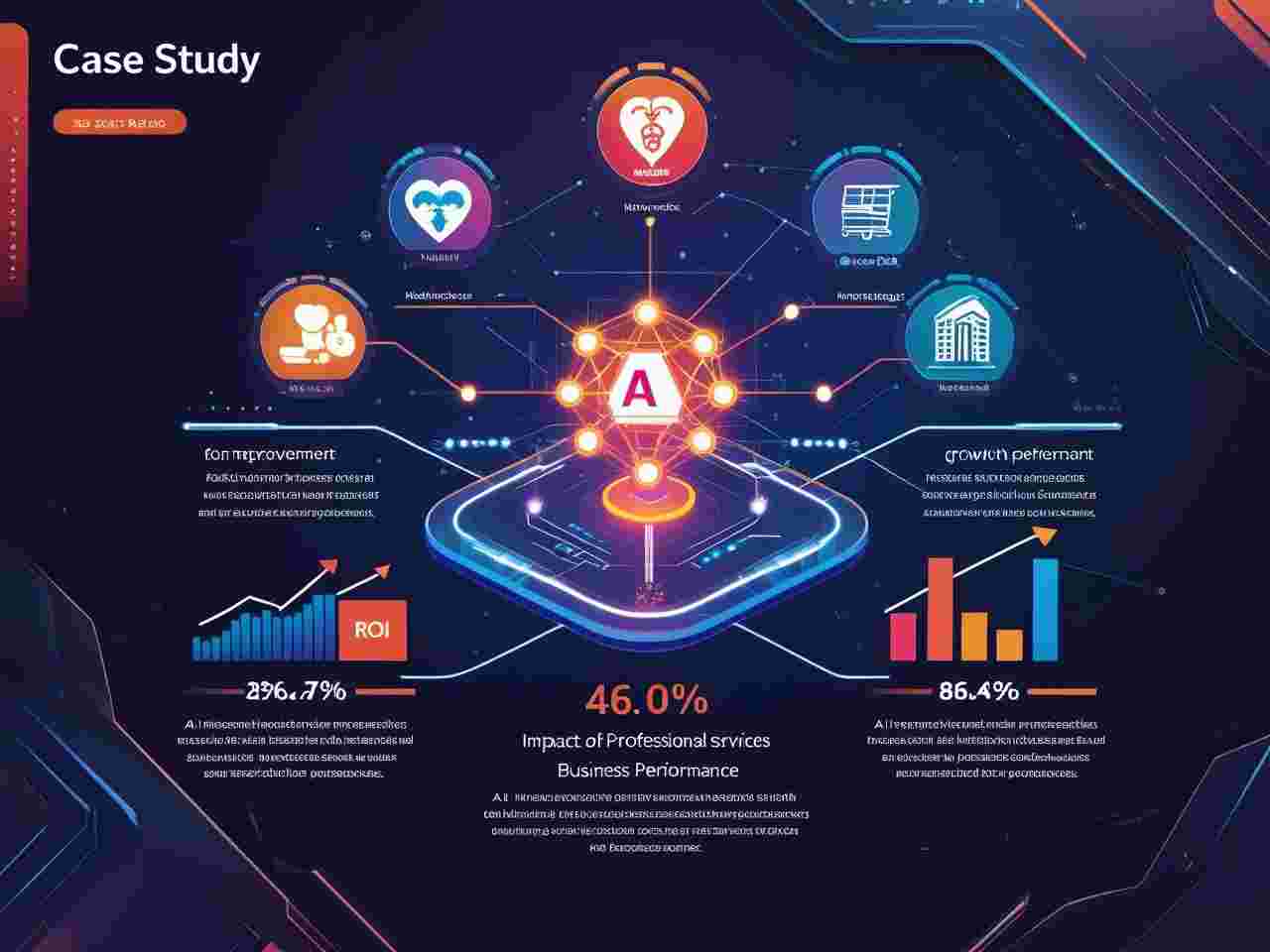 "Graphic illustrating ROI improvements and industry benefits from AI professional services in healthcare, finance, and retail."