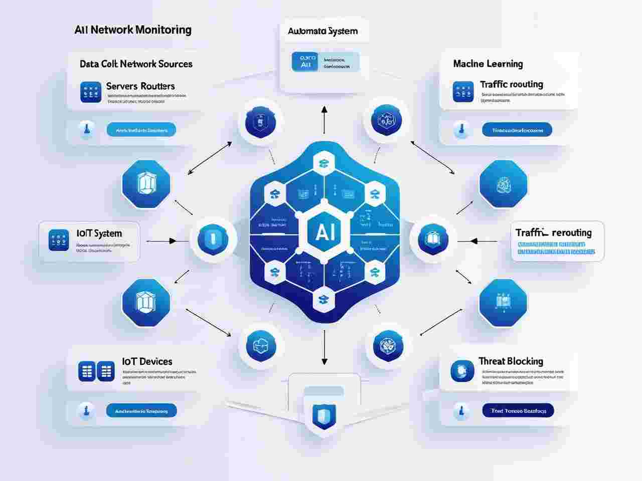 Workflow diagram of artificial intelligence network monitoring process including data collection, machine learning analysis, and automated response