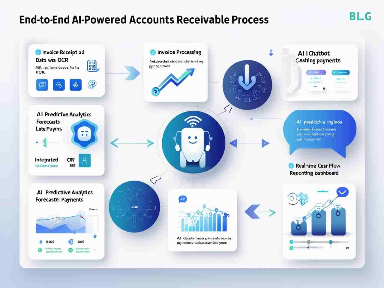 Flowchart showing AI-powered accounts receivable process including invoice automation, predictive analytics, chatbot communication, and ERP integration