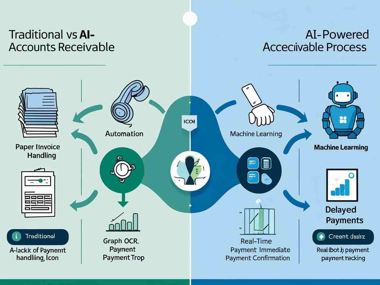Diagram comparing traditional accounts receivable process with AI-powered automated accounts receivable workflow