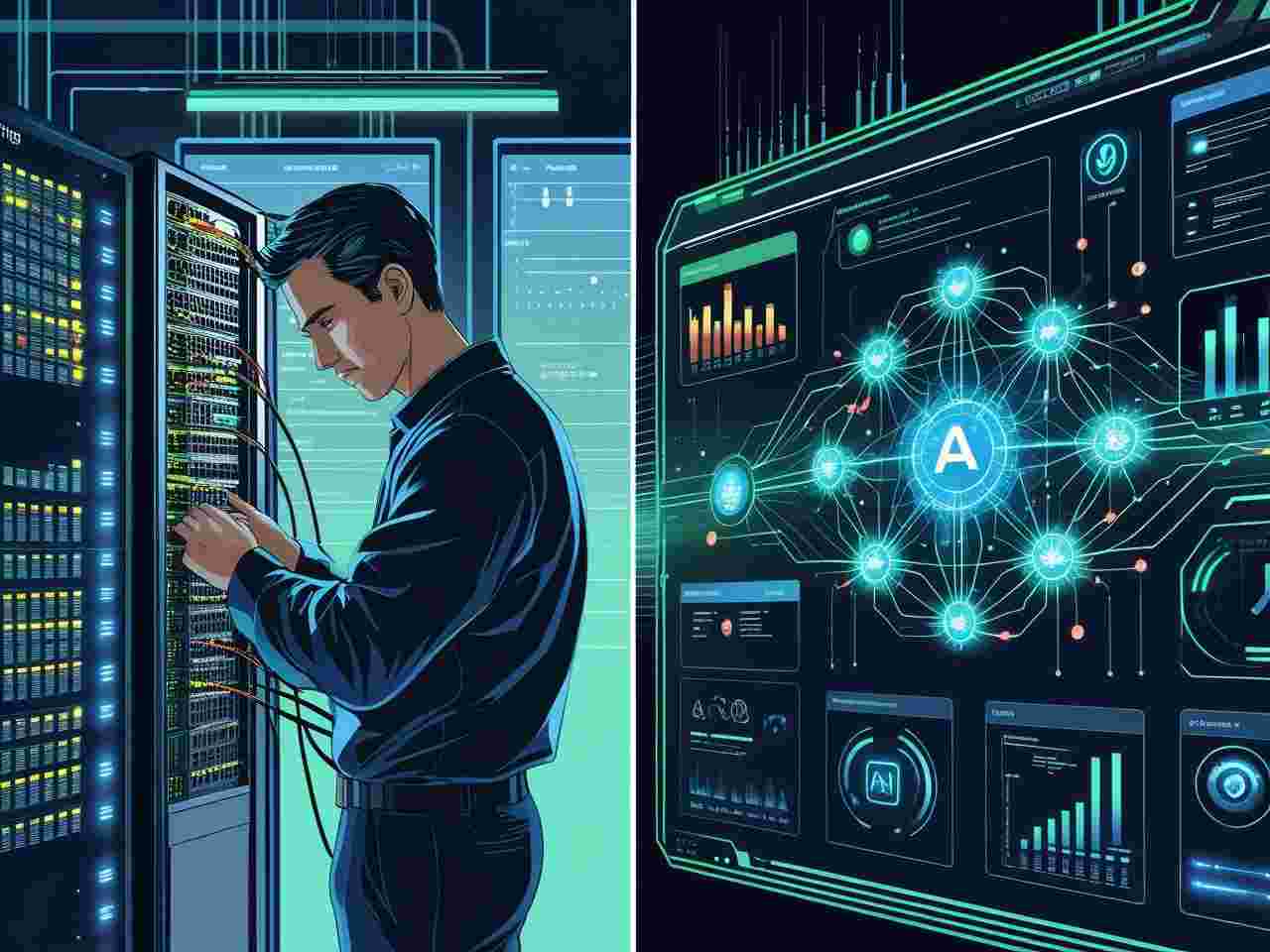 Comparison of traditional network monitoring and artificial intelligence network monitoring with infographic showing manual vs. AI-driven methods