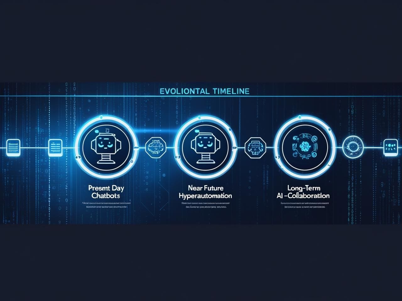 Futuristic timeline showing the evolution of Artificial Intelligence Service Management from chatbots to hyperautomation and AI-human collaboration. 