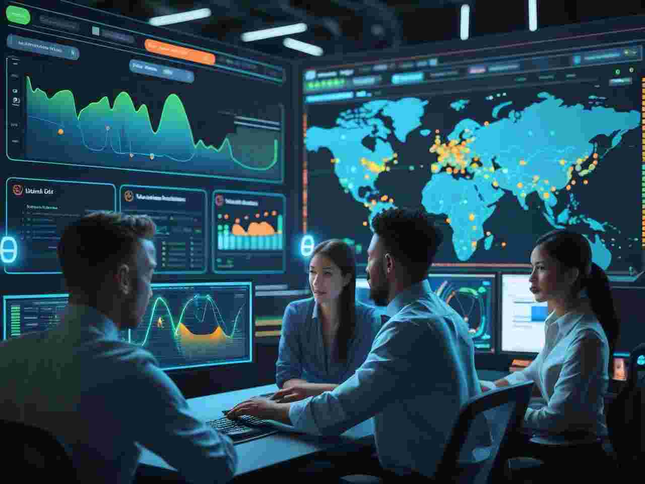 Futuristic AI network monitoring dashboard displaying real-time data and threat detection for enterprise, cloud, telecom, and critical infrastructure